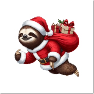 Festive Sloth Santa Christmas Xmas Holiday Funny Posters and Art